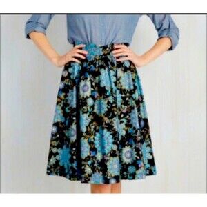 ModCloth Womens S A-line Skirt Dark Floral Blue Pockets Retro Rockabilly Lined